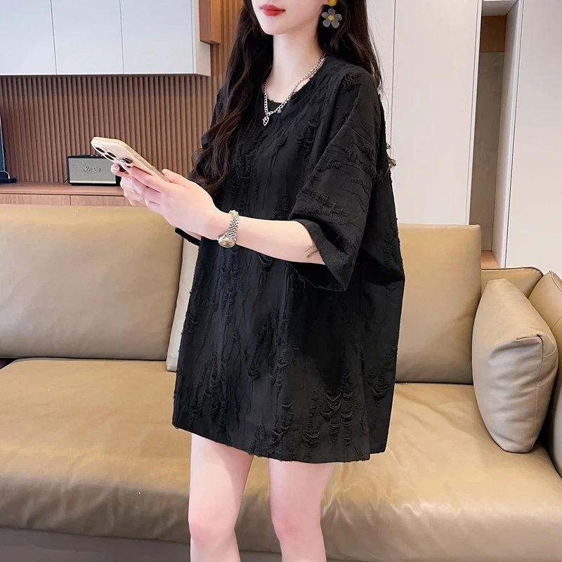 极简风遮屁股上衣中长新爆款洋气宽松韩版加大T恤短袖女破洞高档