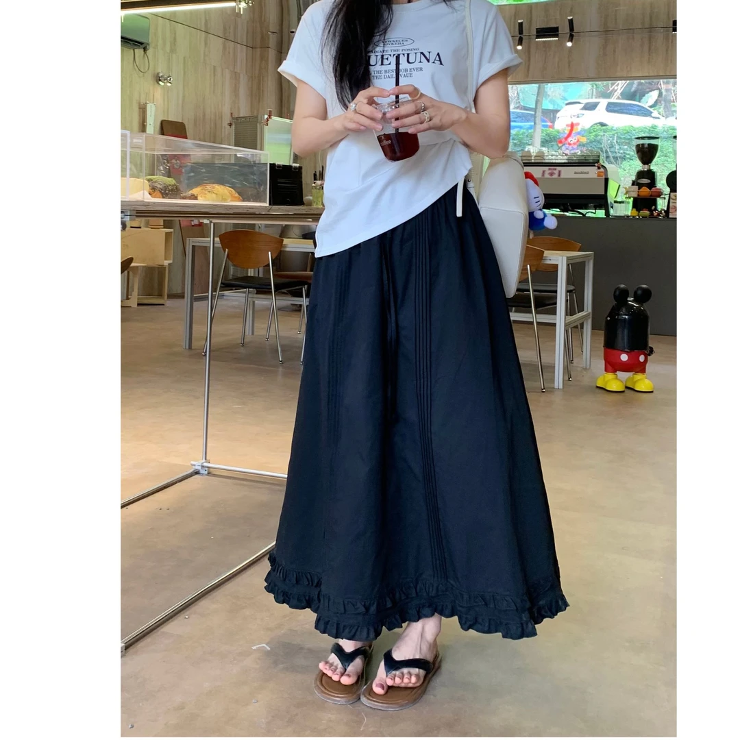 木耳边拼接绑带纯色半身裙女25春夏季设计感白色松紧腰大摆A字裙