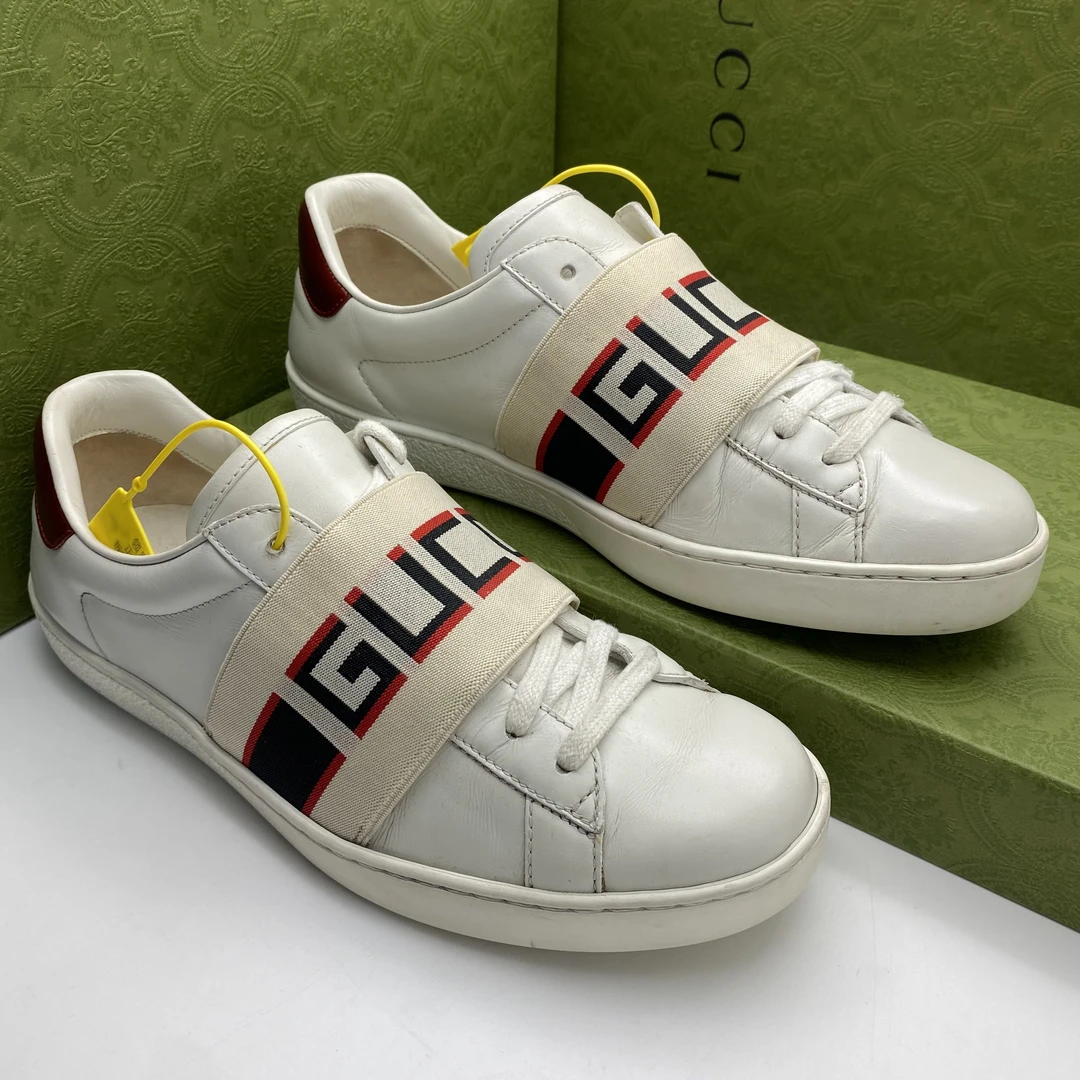 95新 GUCCI/古驰 38.5欧码/二手男士白色绑带时尚经典低帮板鞋