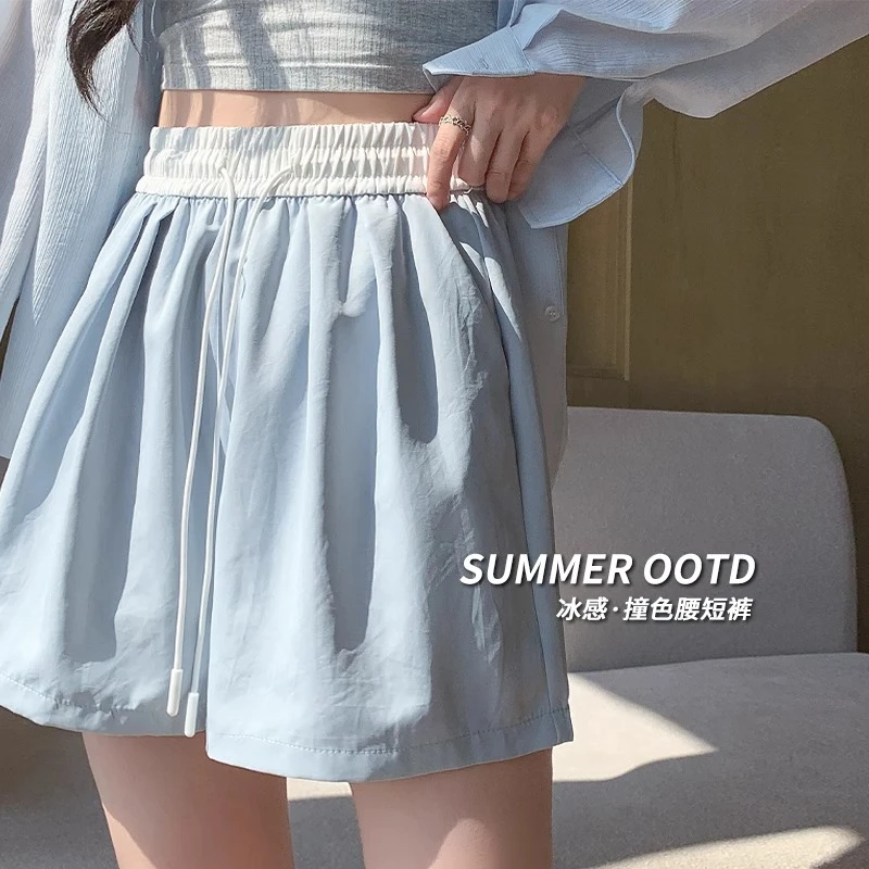 蓝色冰丝短裤女夏季薄2025新款宽松休闲显瘦小个子撞色拼接阔腿裤