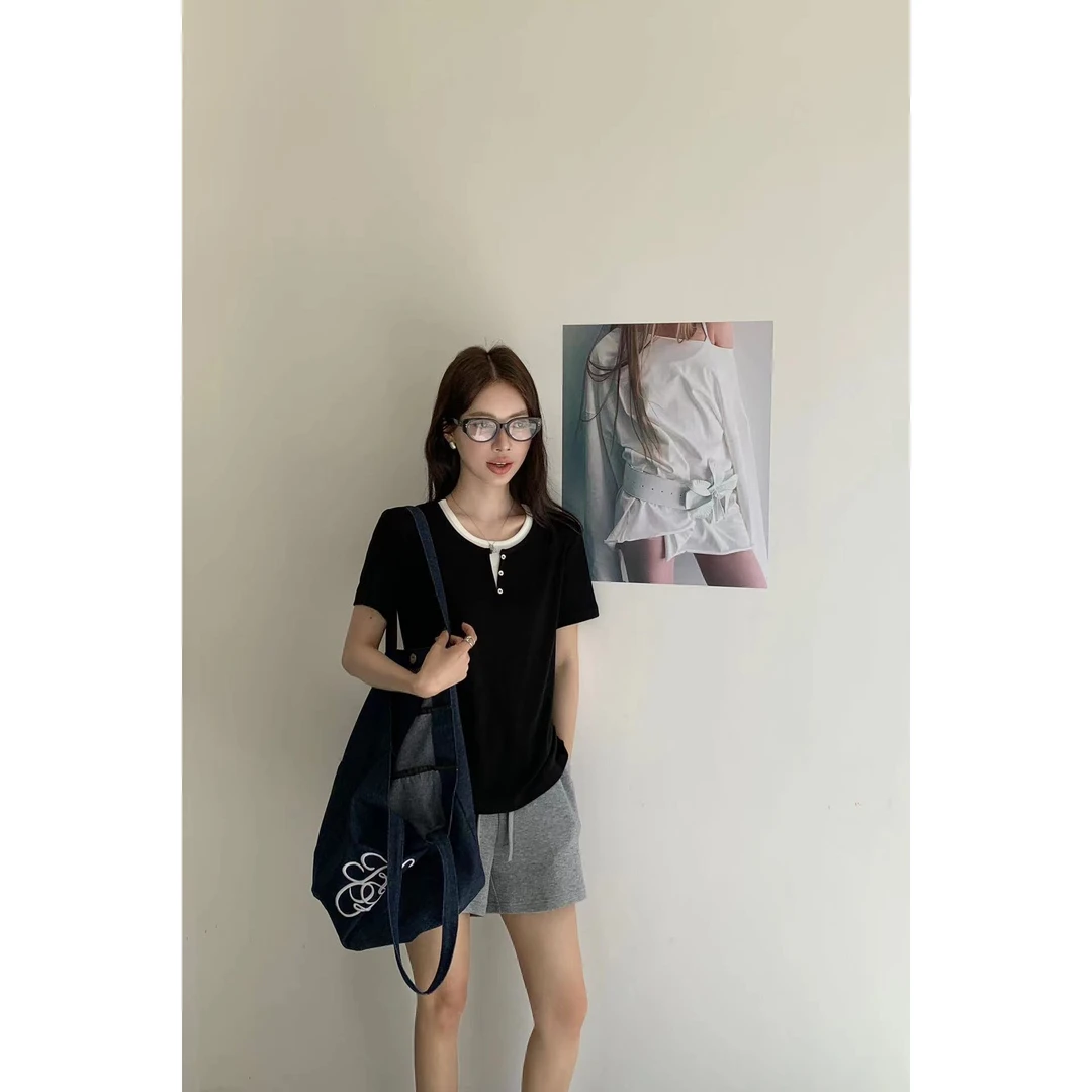 0389#夏天简单穿搭~通勤干净超爱的假两件撞色短袖T恤