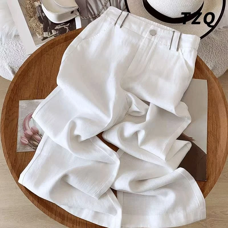 天丝亚麻白色宽松休闲裤女款爆款秋季松紧高腰垂感薄款山本阔腿裤