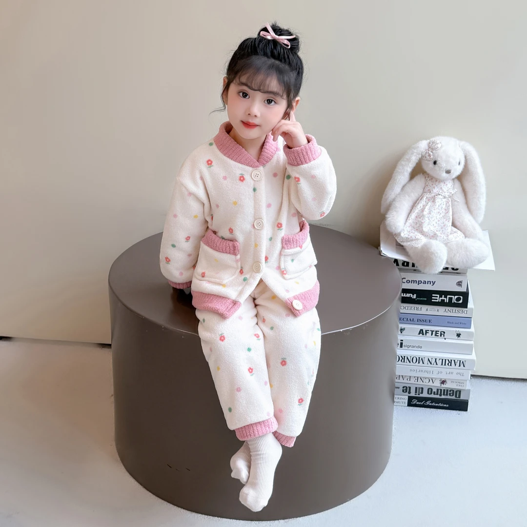 儿童睡衣女童珊瑚绒秋冬款2025新款冬季加绒加厚宝宝家居服两件套