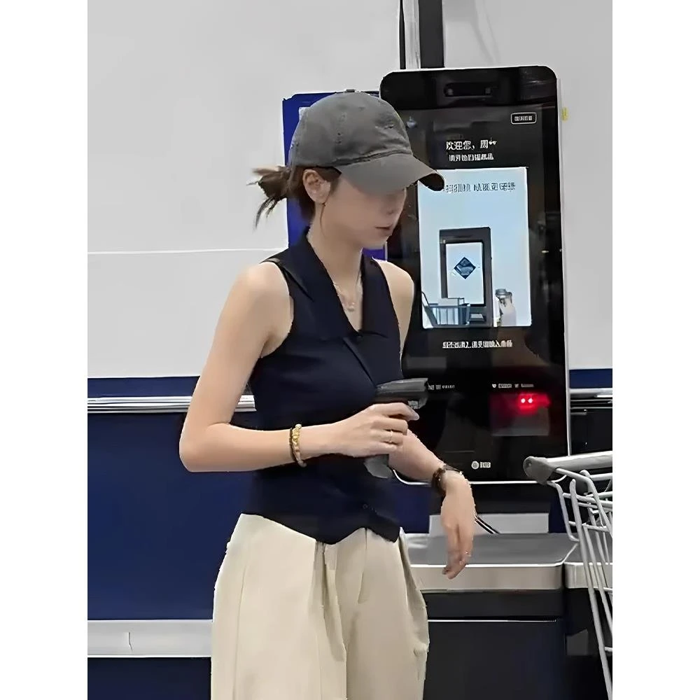 时尚藏蓝色polo领针织小吊带女夏季设计感外穿短款无袖背心上衣薄