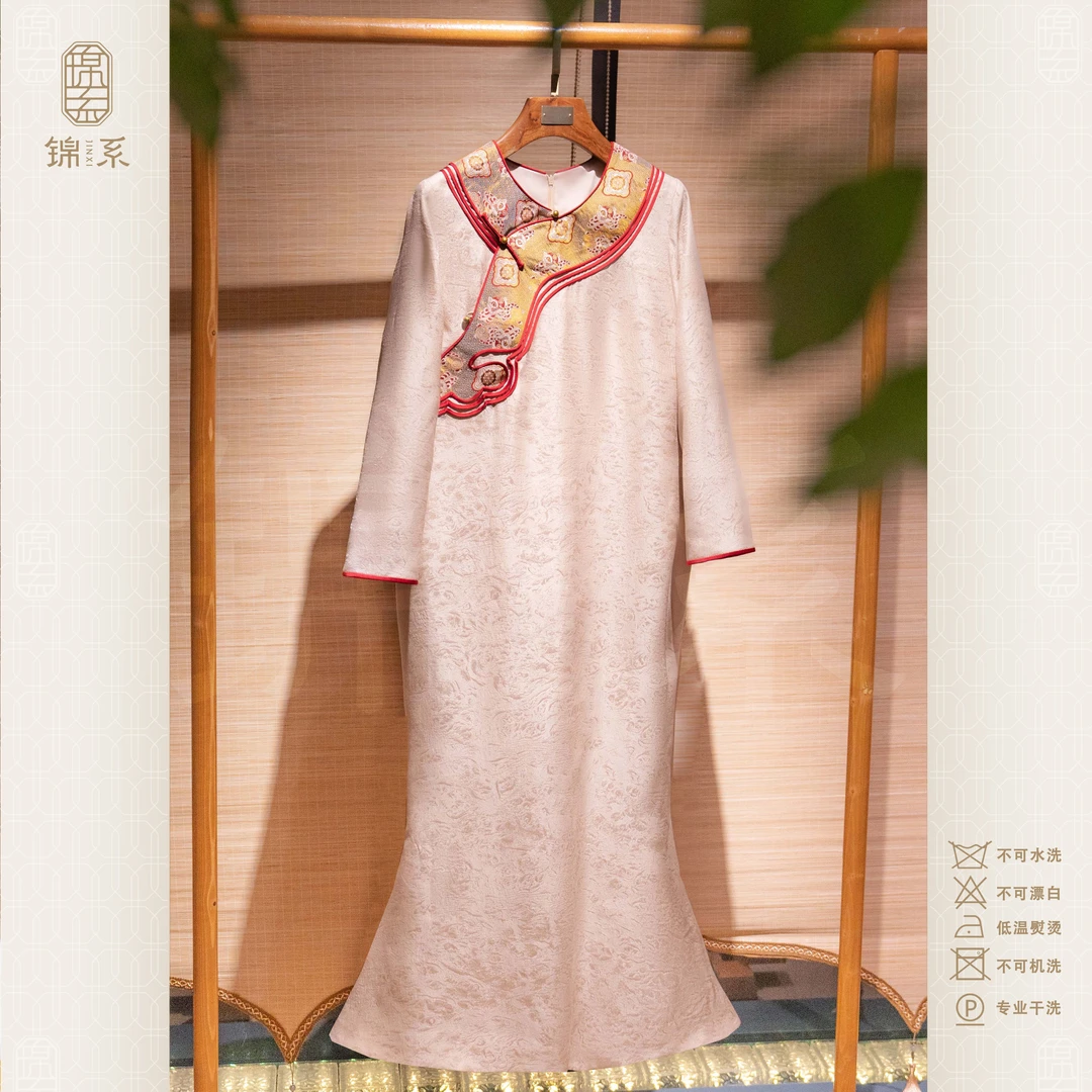 11姆米云缂纱新中式国风桑蚕丝圆领斜襟九分袖连衣裙裙子L-383689