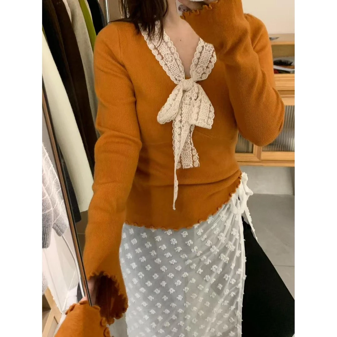 法式蕾丝绑带蝴蝶结修身显瘦时尚针织衫新款小木耳边女上衣I2-66