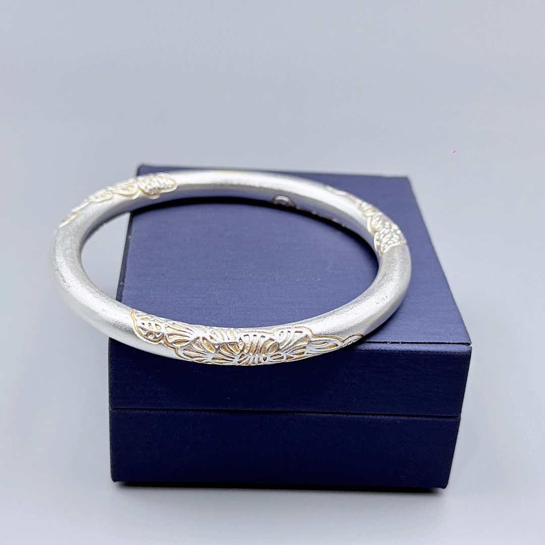 足银手镯 繁花手镯女银9999描金古法空心银镯子小众轻奢手环首饰