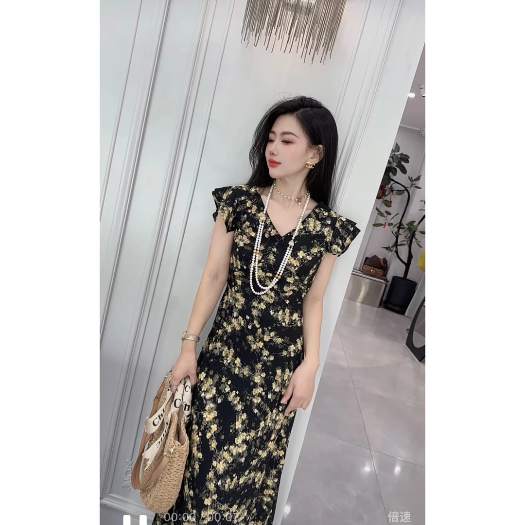 ［文静家］夏日黄色小碎花裙小飞袖减龄洋气连衣裙女