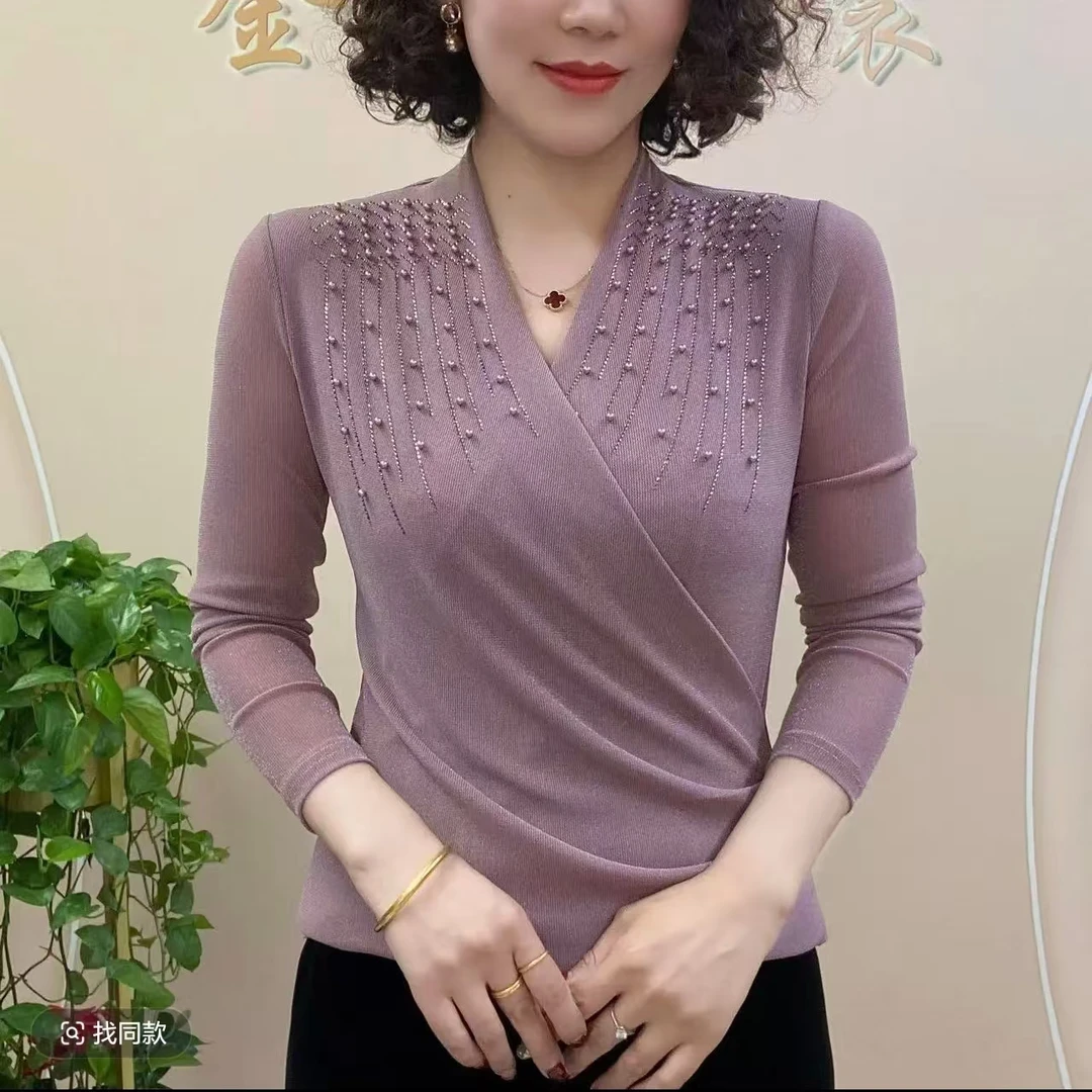 春季新款洋气交叉V领修身显瘦透气网纱串珠气质中老年妈妈装5