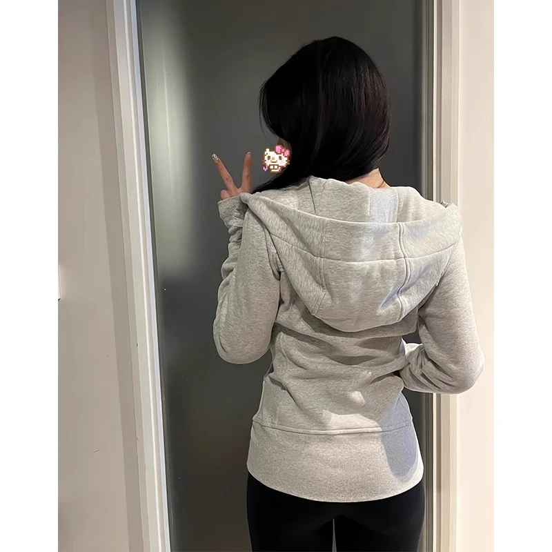 花灰色lulu外套女秋冬美式连帽卫衣小个子修身休闲拉链开衫短上衣