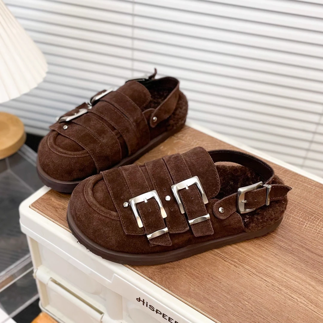 【小依家】时尚厚底毛毛包头拖鞋女外穿2025秋冬新款皮带扣勃肯鞋潮