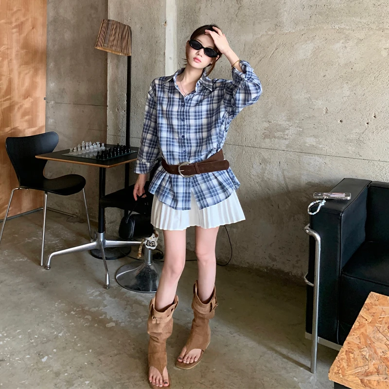 A1238#秋季新款韩系穿搭宽松格纹翻领衬衫气质高腰显瘦百褶半身裙