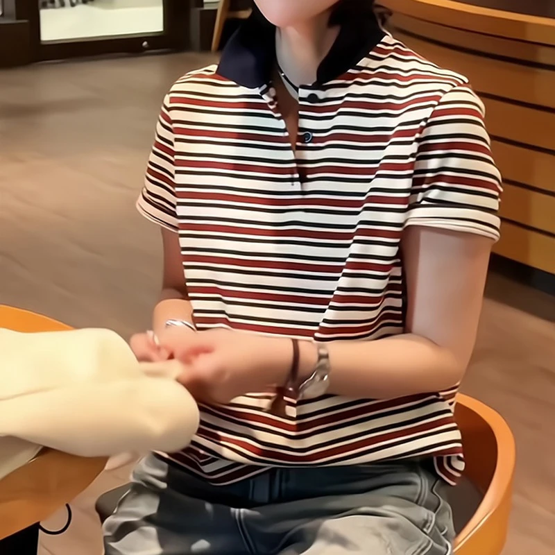 Polo领短袖T恤2025早春新款高级感女装上衣超好看条纹短袖t恤打底