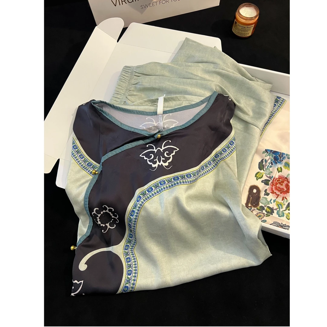 新中式国风蝴蝶印花睡衣女夏季2025新款宽松短袖长裤居家套装外穿