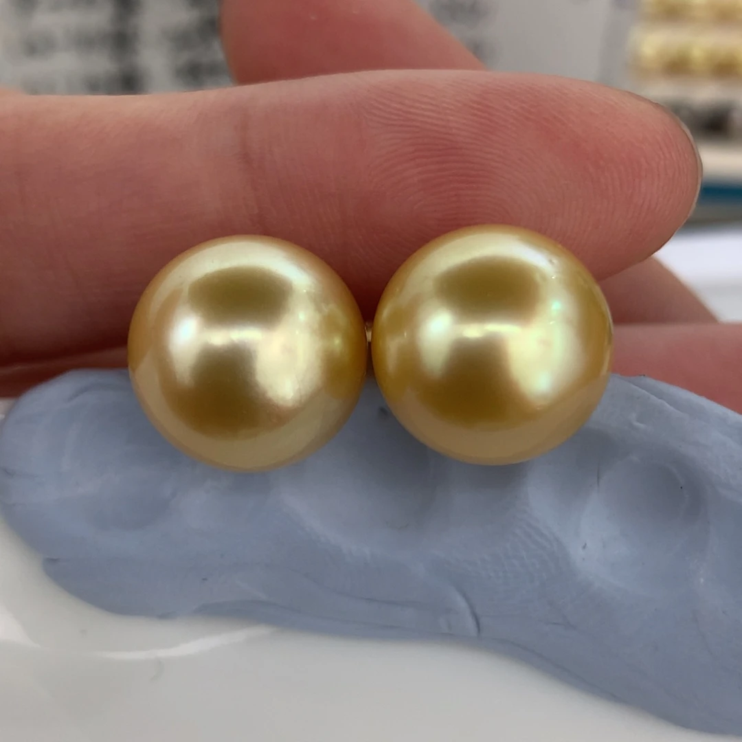 定制海水珍珠银S925镶嵌耳饰12-13mm金珠成品两颗