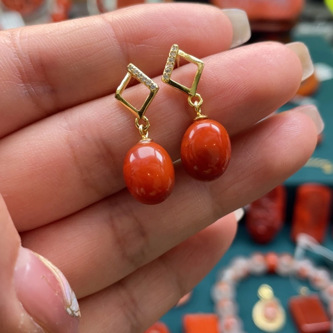 南红玛瑙银S925镶嵌开播福利川料南红满肉蛋面耳钉