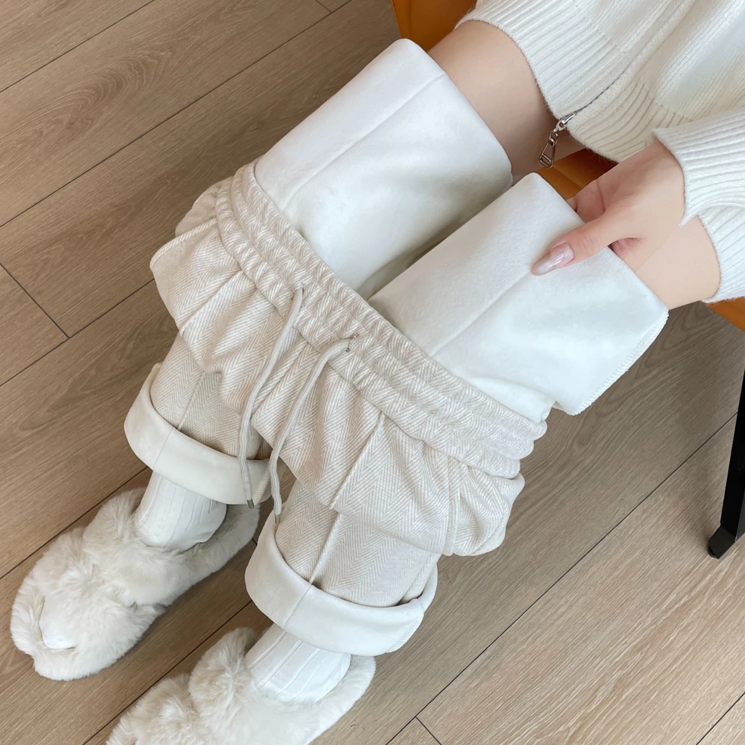 毛呢裤子女秋冬高腰加绒加厚人字纹阔腿裤女宽松休闲窄版直筒女裤