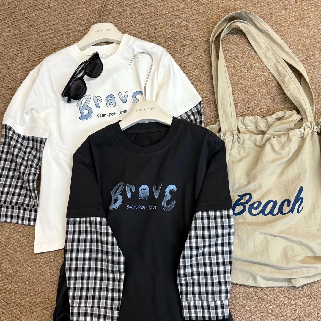 小熙家秋季新款男女大童假两件字母刺绣套打底衫T恤81156-107-113