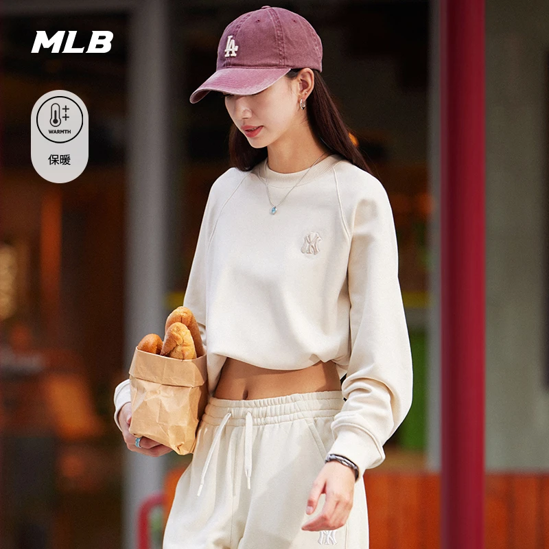 MLB官方 男女情侣保暖加绒纯色小标圆领套头卫衣25秋冬新款MTB03