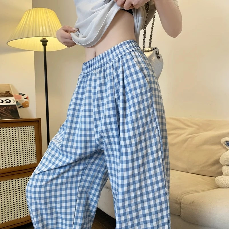 蓝色格子裤女夏季薄款300斤胖mm大码高腰休闲显瘦薄款直筒阔腿裤