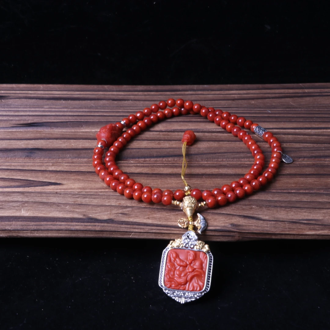 高品精美南红玛瑙6-7mm左右diy雕刻钟馗牌多圈项链一条d910