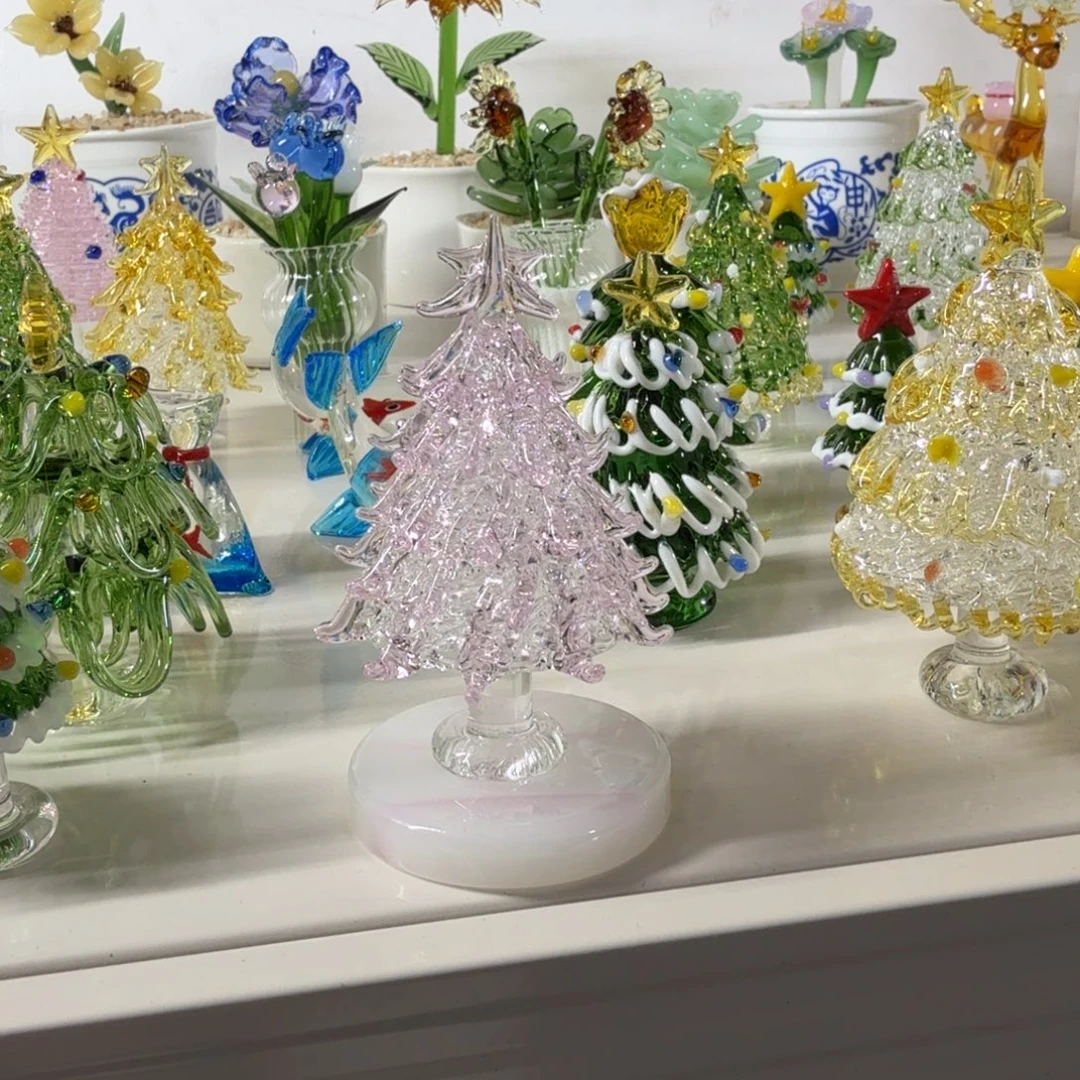 飞***子琉璃手工艺品粉色圣诞树厚底盘