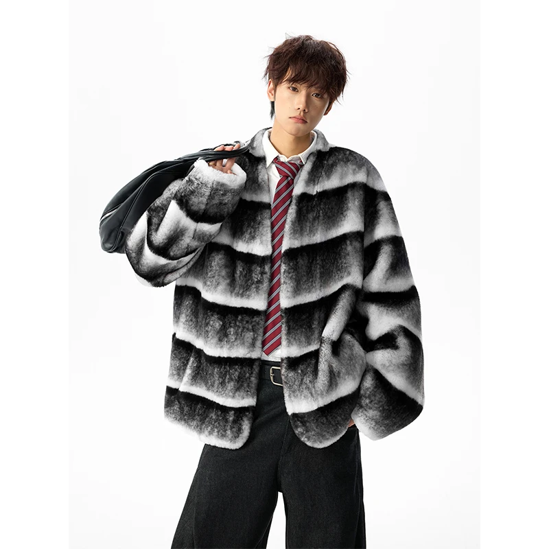 高级感轻奢风仿皮毛一体保暖棉衣男冬季美式复古撞色绒感毛毛外套