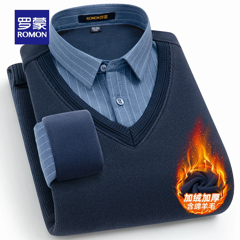 【罗蒙】男士加绒针织衫撞色假两件毛衣衬衫5Z111582