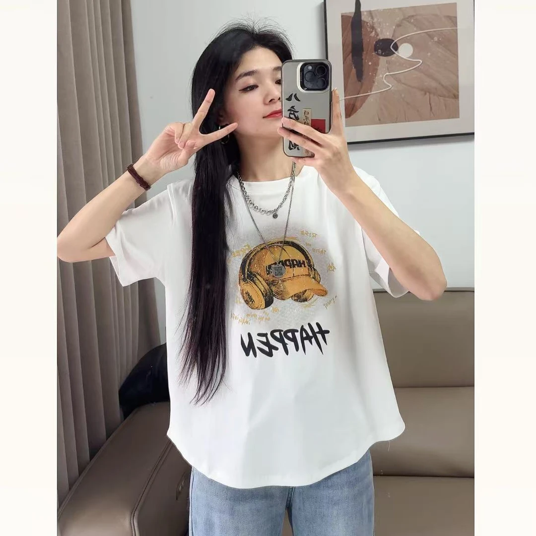 【小木南】曼曼夏季新款时尚休闲百搭显瘦圆摆彩绘帽子印花半袖6531