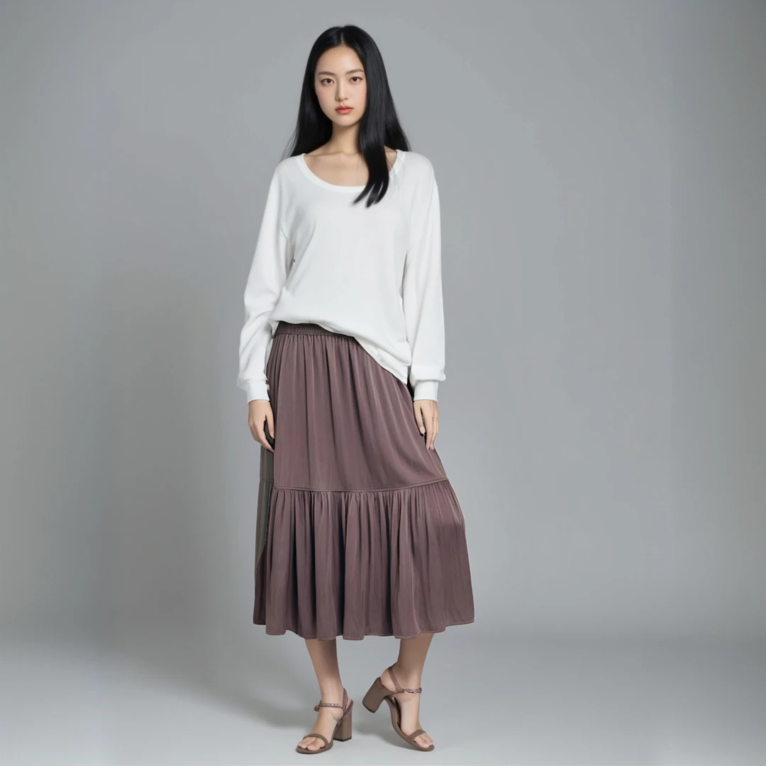 不起球休闲度假风半身裙春夏抽褶中长款简约薄款