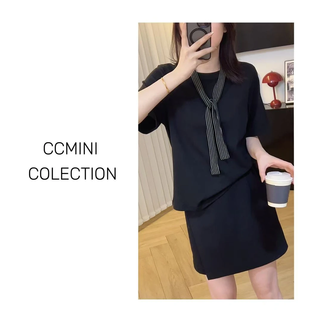 「条纹绑带T」假两件夏季短袖T恤 休闲百搭纯色简约上衣女