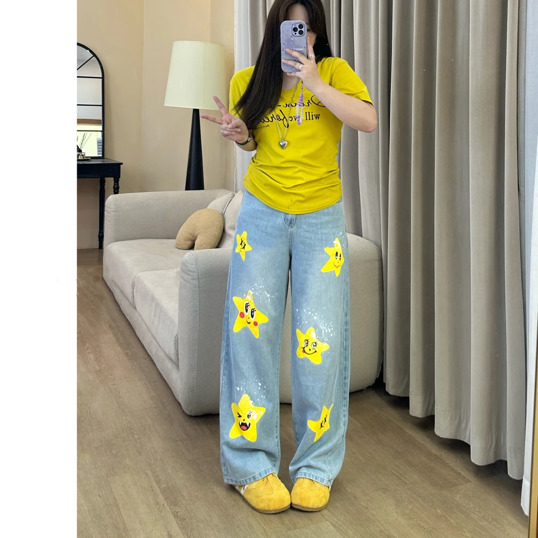 6709#星星设计高腰阔腿牛仔裤女秋新款大码宽松直筒拖地裤