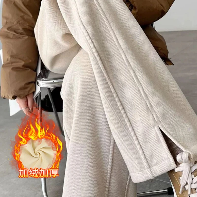 秋冬加绒加厚仿羊绒高腰窄版阔腿裤人字纹开叉直筒裤子时尚女裤
