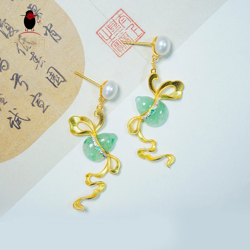 衣锦媚行 925银镀金镶珍珠葫芦飘带耳环