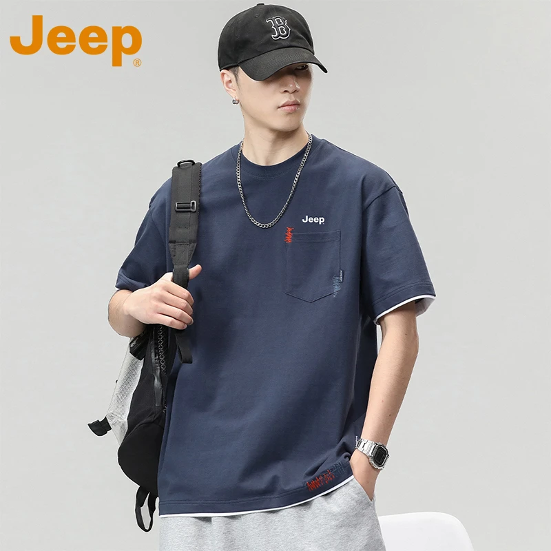 JEEP吉普280g重磅纯棉短袖T恤男款夏季新款宽松刺绣上衣服