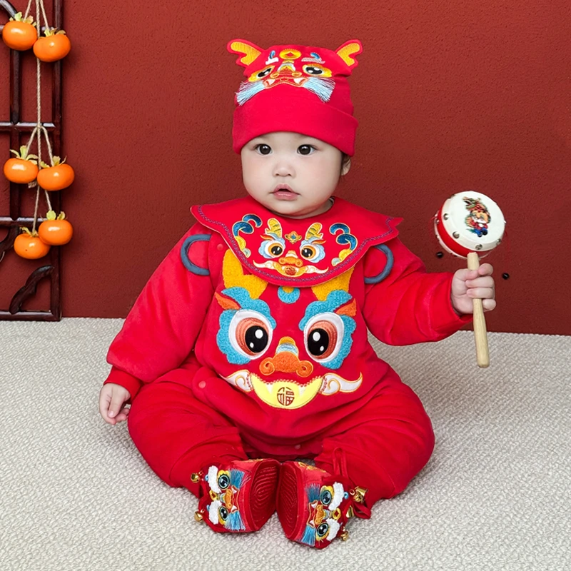 婴儿宝宝满月百天周岁服红色拜年服加厚夹棉连体衣爬服冬季5369