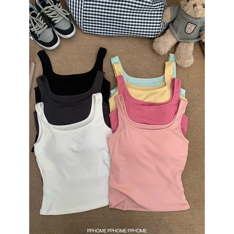 夏季新款自制爆款香草马卡龙多巴胺带胸垫方领背心早春打底吊带