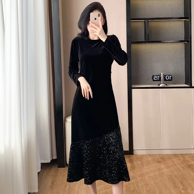 实拍秋冬打底百搭连衣裙 鱼尾亮闪闪拼接皱褶遮肉显瘦大码连衣裙
