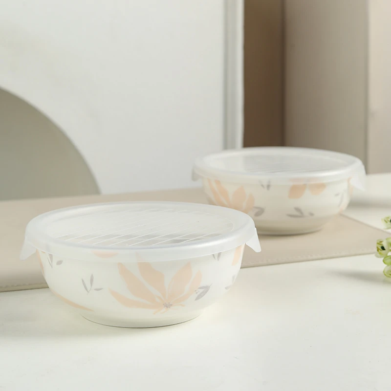 新款餐具花影5.5英寸保鲜碗带盖陶瓷亮光易清洗光滑微波炉泡面
