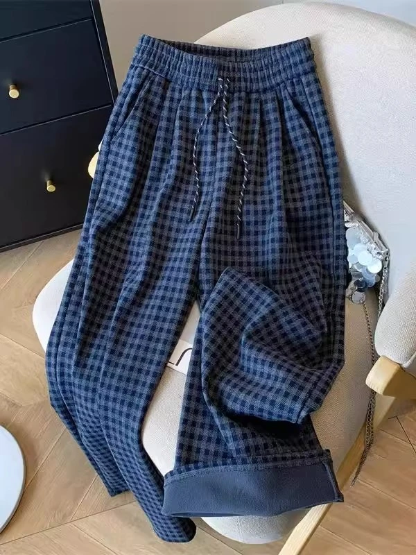 藏青色格纹阔腿裤女小个子秋冬加绒宽松垂感格子裤显瘦拖地休闲裤