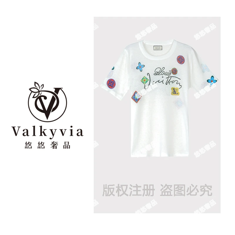 【Valkyvia/悠悠奢品】轻奢重工短袖镶钻印染山茶花朵薄款毛衣套头