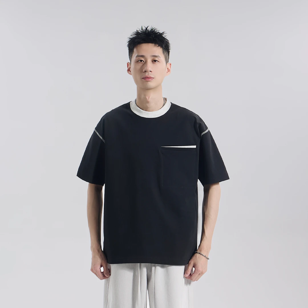 夏季新款拼色口袋短袖简约时尚百搭高级感男装休闲圆领T恤26742