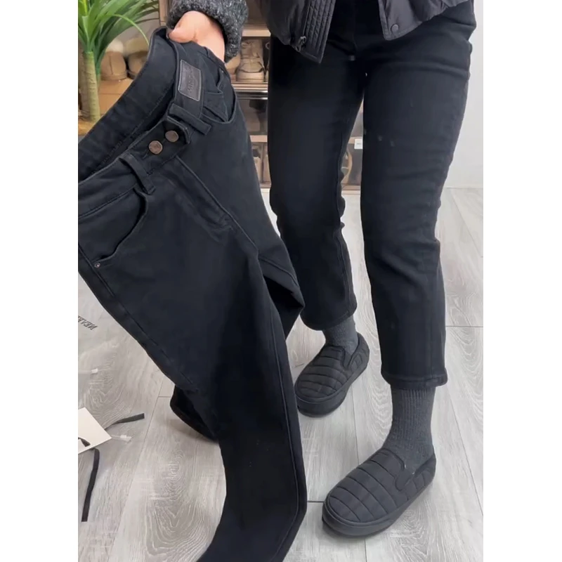 黑灰色高腰弹力加绒牛仔裤女2025秋冬新款大码胖mm显瘦九分直筒裤