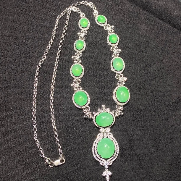 豪镶甜阳绿蛋面项链翡翠A货满绿高冰豪华精致冰阳绿