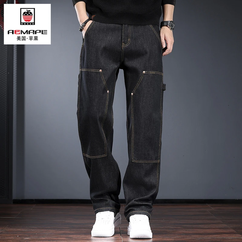 深蓝色牛仔裤男秋冬款宽松直筒阔腿裤大码高端美式休闲工装伐木裤