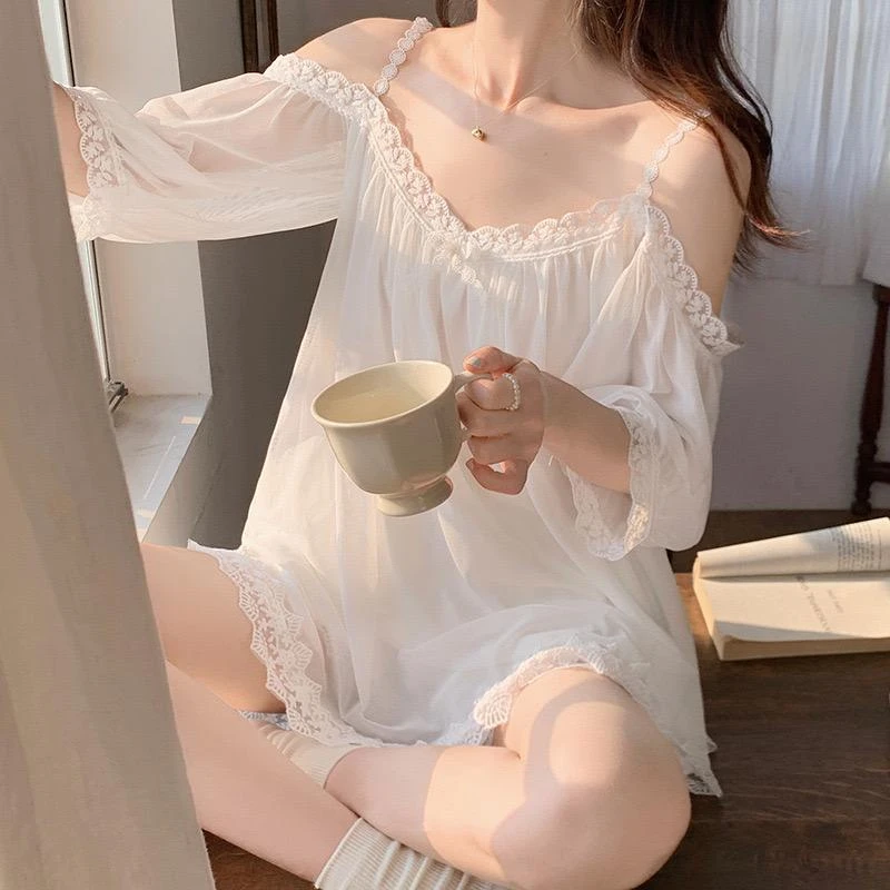 带胸垫家居服纯欲公主风一字肩秋季网纱睡衣套装女款爆款2025新款