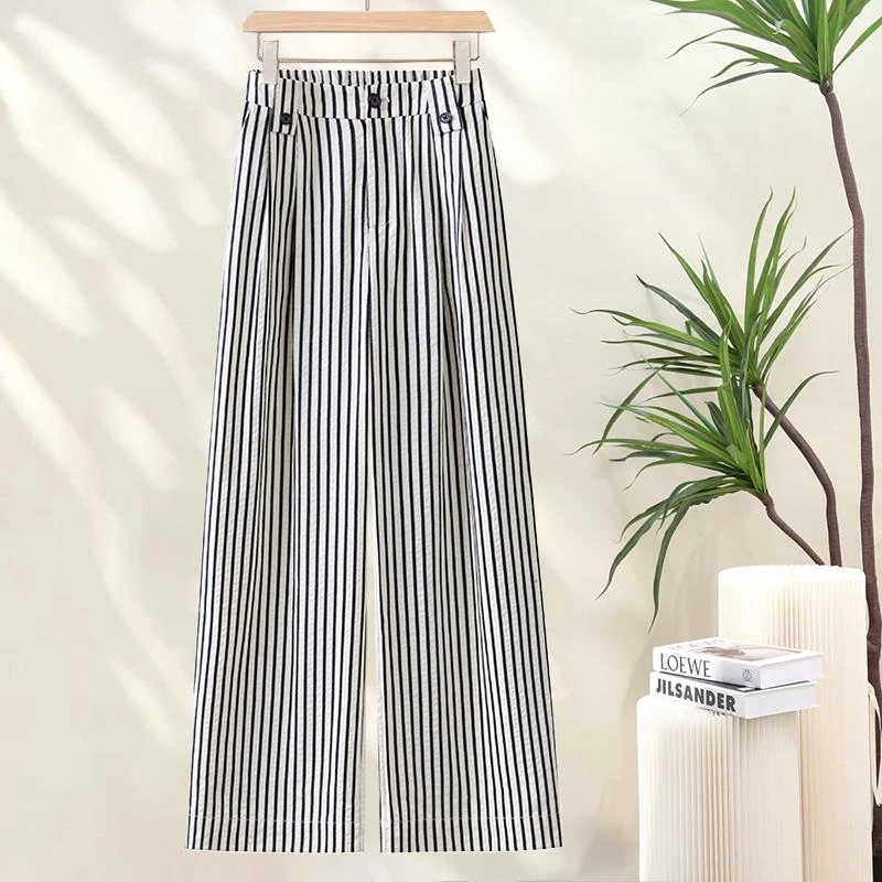 条纹宽松垂感直筒裤女2025夏季新款高腰显瘦休闲裤百搭显高阔腿裤