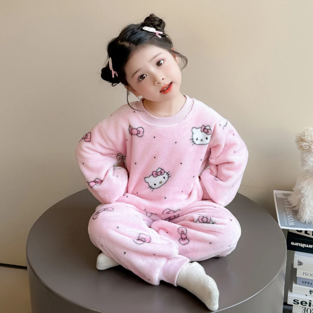 女童睡衣秋冬2025新款儿童宝宝考拉绒猫咪套装女小童法兰绒家居服