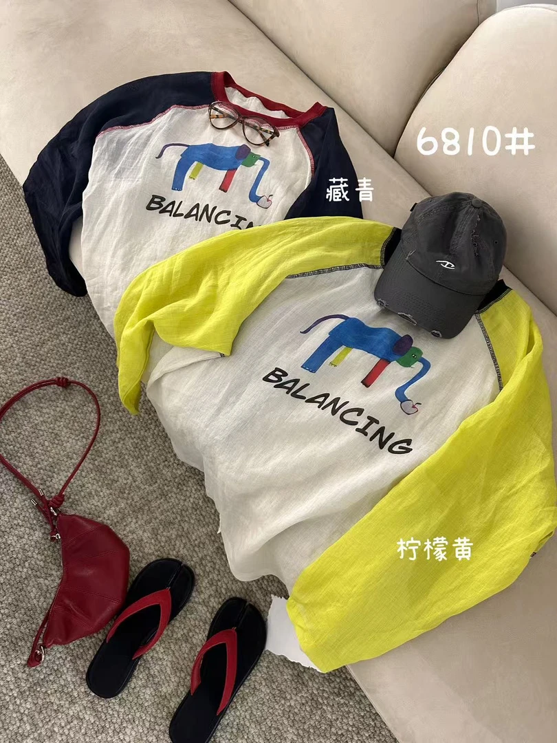 大象优选#66810麻料长袖防晒圆领插肩袖拼接T