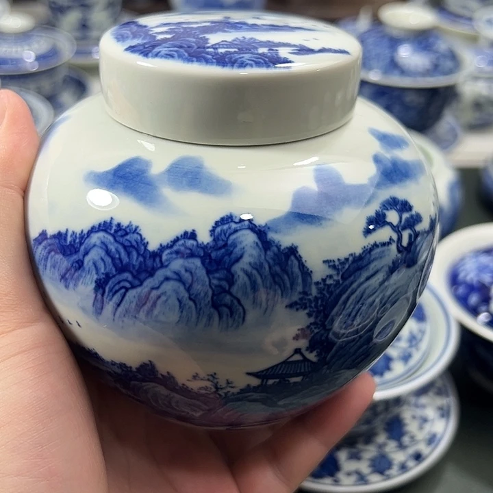 微瑕柴窑工笔山水茶叶罐醒茶罐